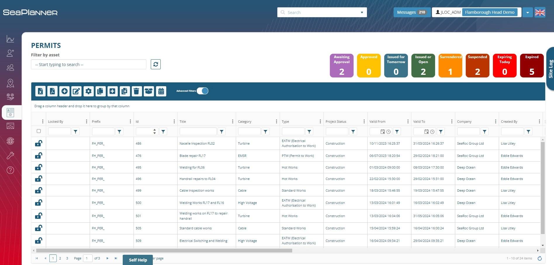 Safe System of Work (SSoW) Homepage in SeaPlanner