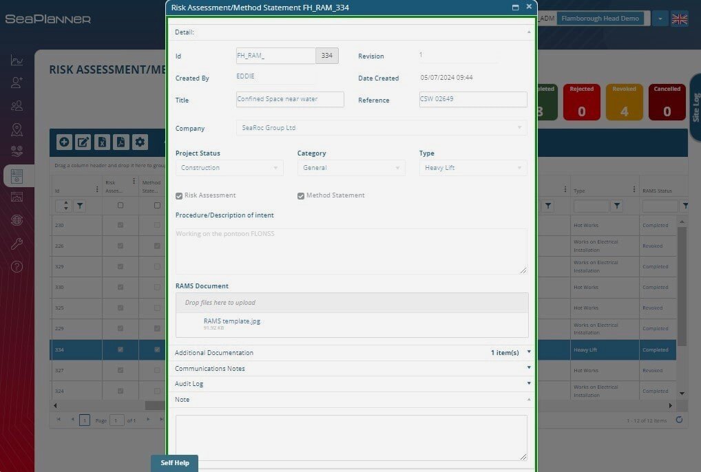 Risk Assessment and Method Statements (RAMS) in SeaPlanner Safe System of Work